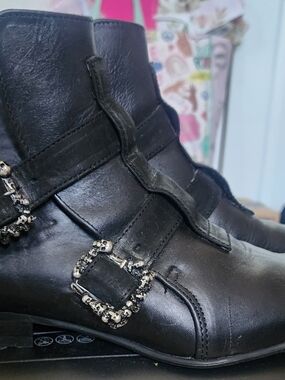 Black Leather Ankle Boots with Decorative Buckles